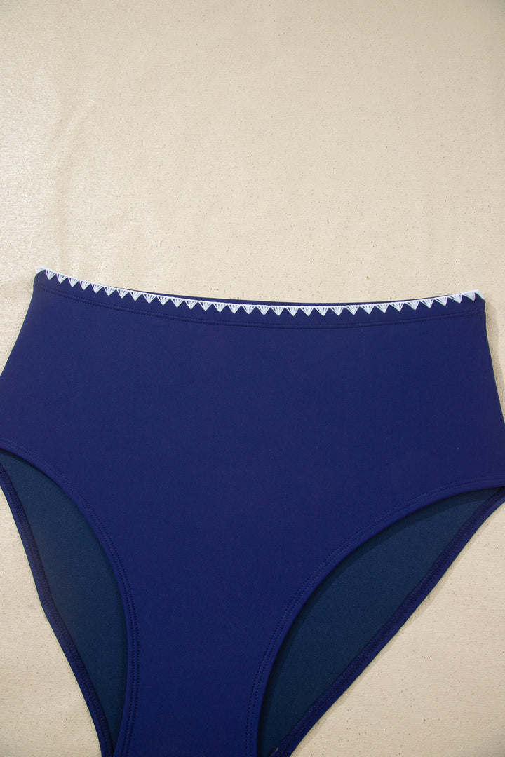 Dark Blue Shell Stitched Trim V Neck Textured Mix and Match High Waist Bikinis