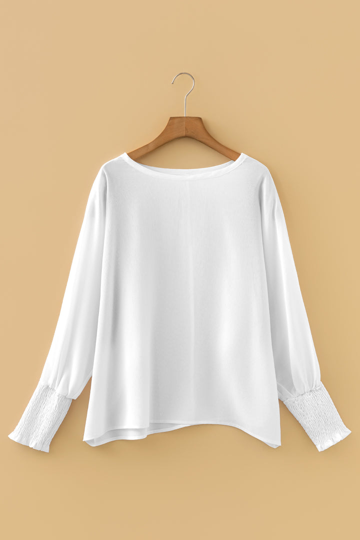 White Smocked Cuffs Semi Sheer Long Sleeve Dolman Blouse