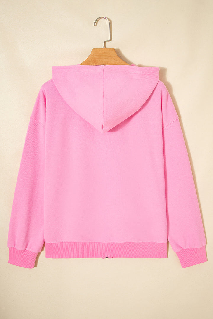 Sachet Pink Solid Color Ribbed Zip Up Drawstring Hooded Jacket