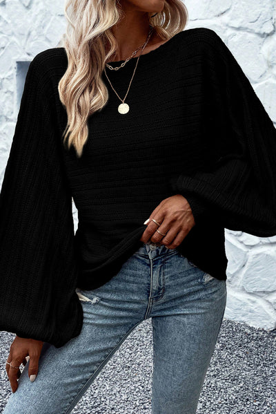 Black Lantern Sleeve Eyelets Textured Knit Sweater