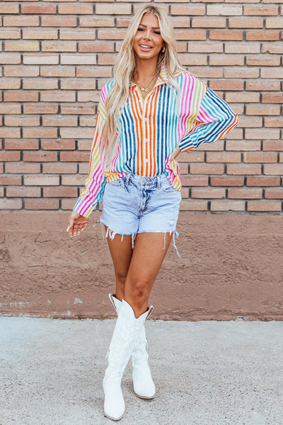 Orange Stripe Multicolor Drop Shoulder Loose Shirt