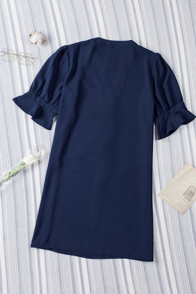 Blue Ruffled Sleeve Shift Dress