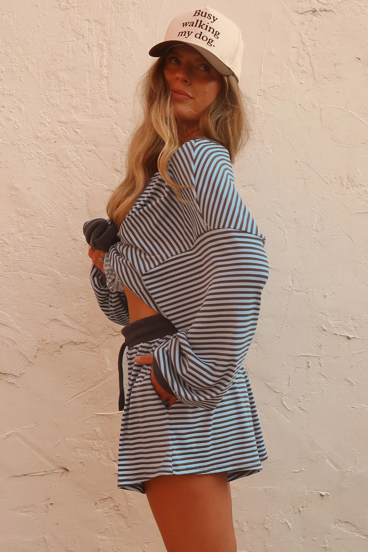 Brown Stripe Oversized Long Sleeve Top Drawstring Loose Shorts 2pcs Set