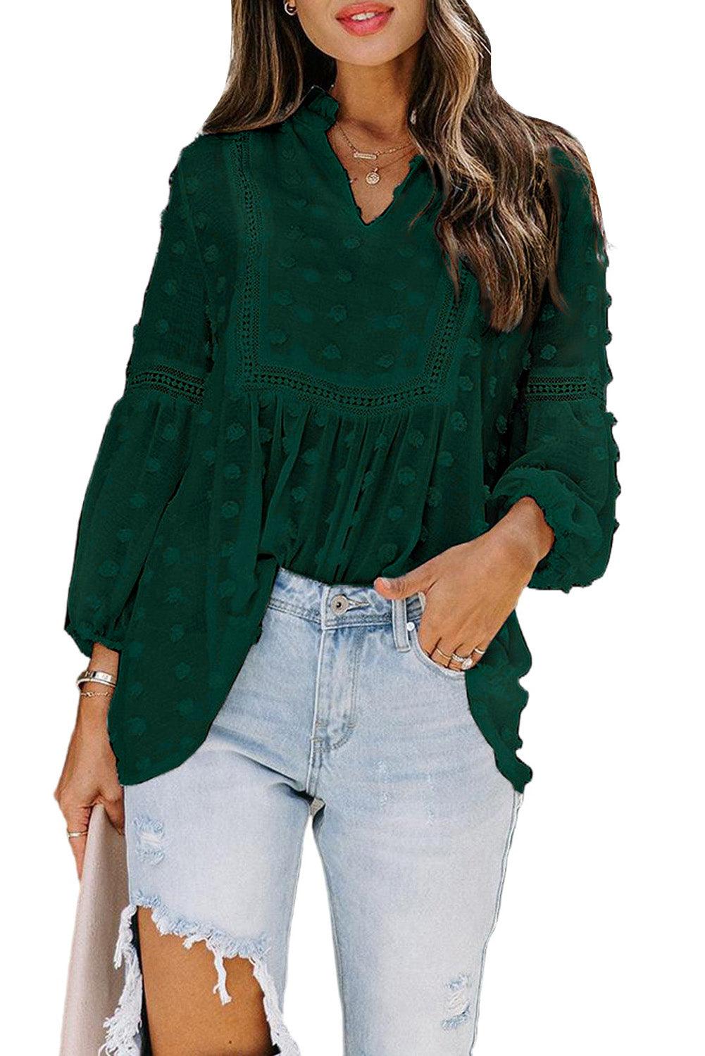 Green Ruffled Split Neck Lace Hollow Out Puff Sleeve Polka Dot Blouse