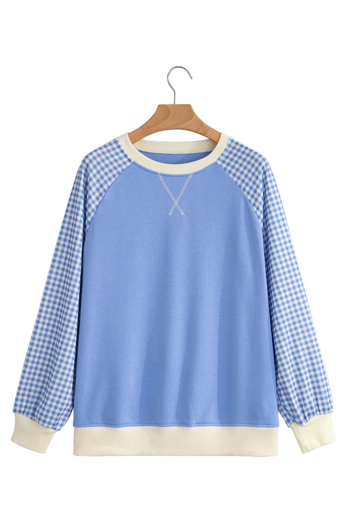 Beige Plaid Sleeve Colorblock Raglan Pullover Sweatshirt