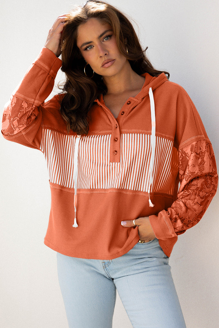 Cinnamon Waffle Printed Patchwork Drawstring Hooded Long Sleeve Top