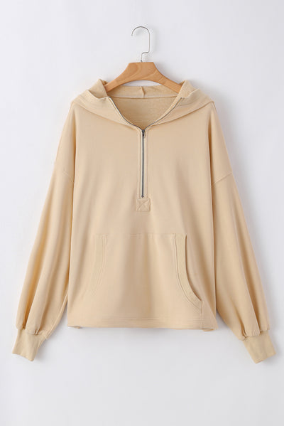 Parchment Solid Kangaroo Pocket Half Zipper Oversized Hoodie