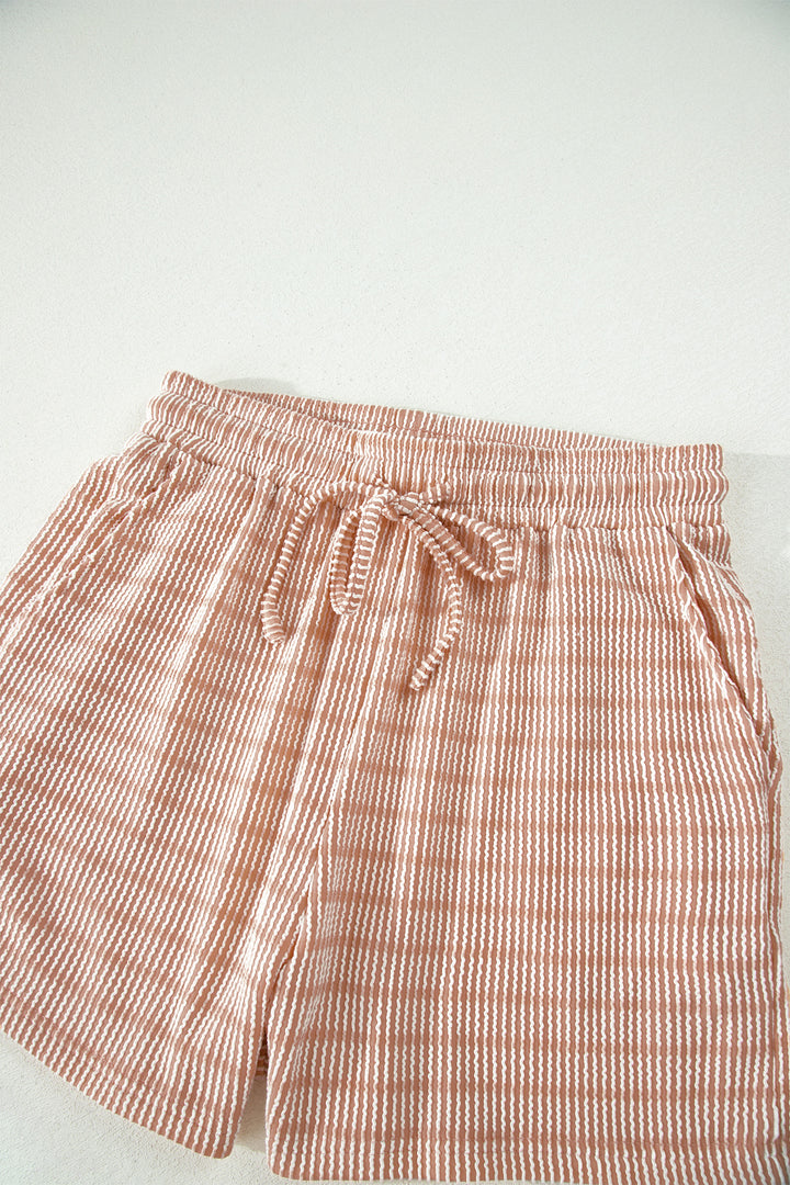 Rose Stripe Raised Rib Loose Tee Drawstring Elastic Waist 2pcs Short Set