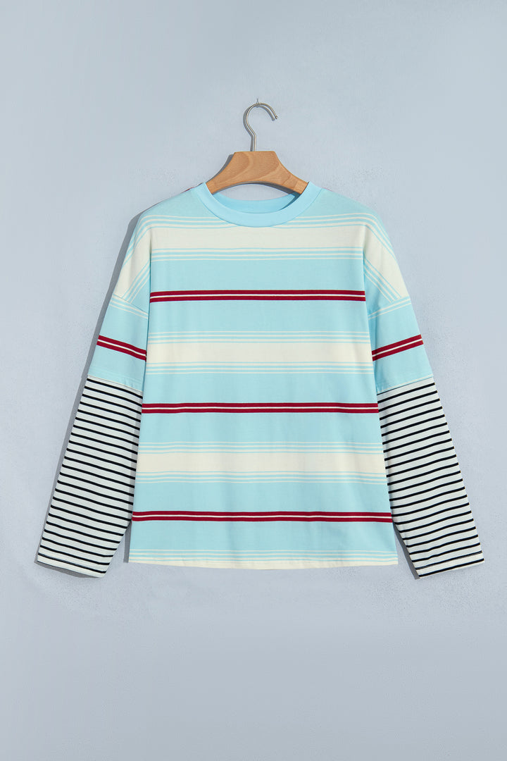 Sky Blue Stripe Casual Striped Patchwork Long Sleeve Loose Pullover Top