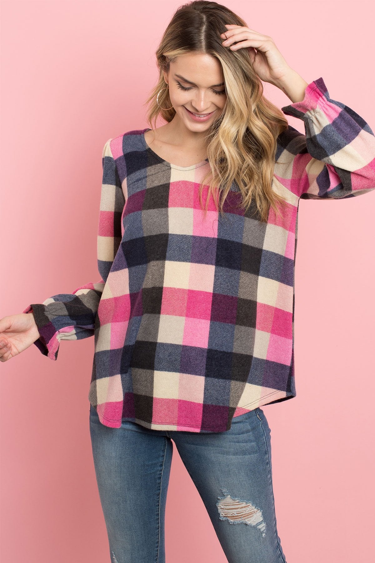 V-Neck Ruffle Sleeves Plaid Top