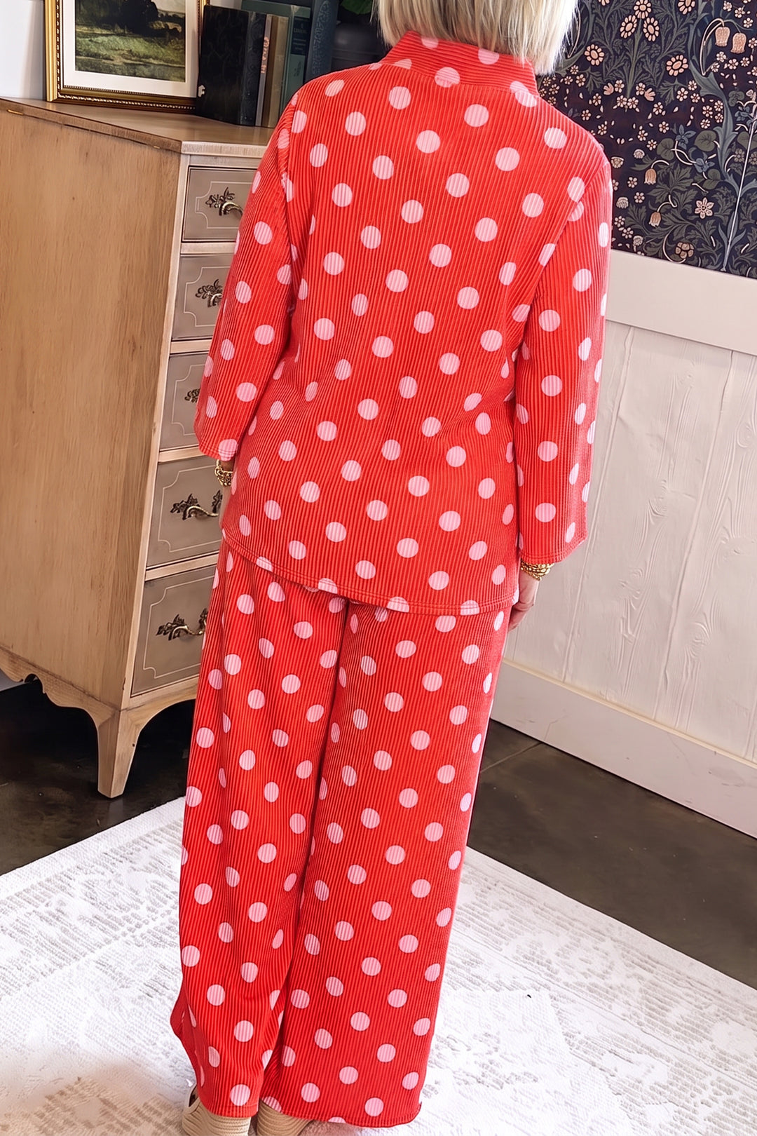Red Polka Dot Ribbed Knit Mock Neck Pullover Two Piece Pants Set