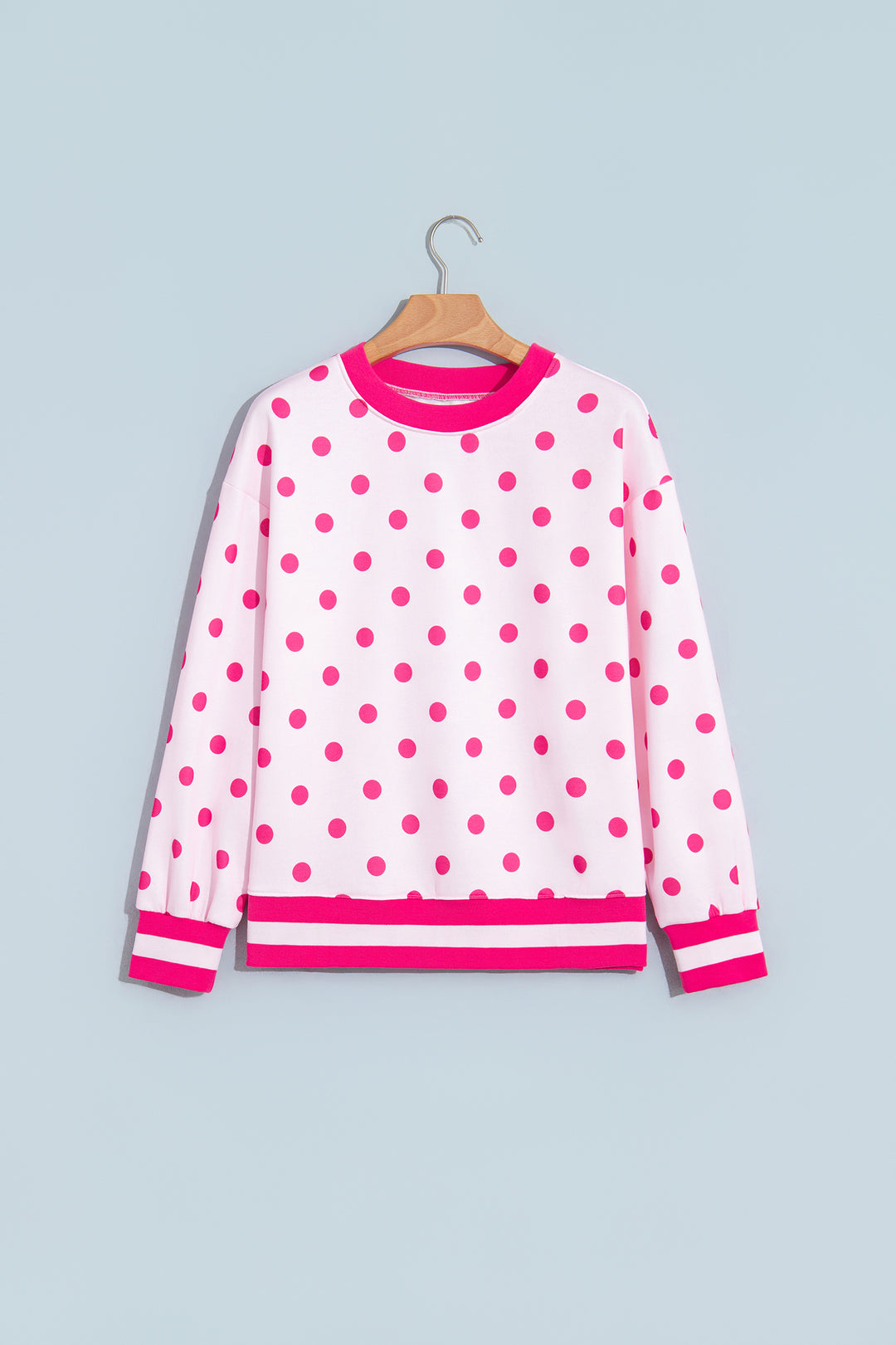 Pink Polka Dot Colorblock Round Neck Pullover Sweatshirt