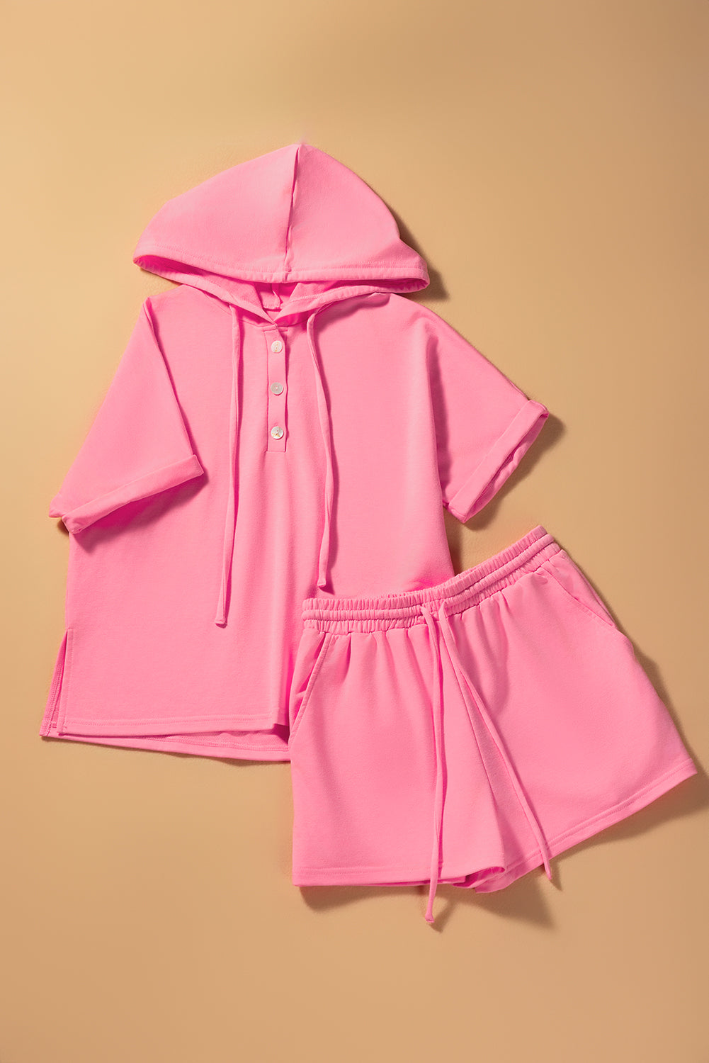 Peach Blossom Hooded Short Sleeve Henley Top and Shorts Set