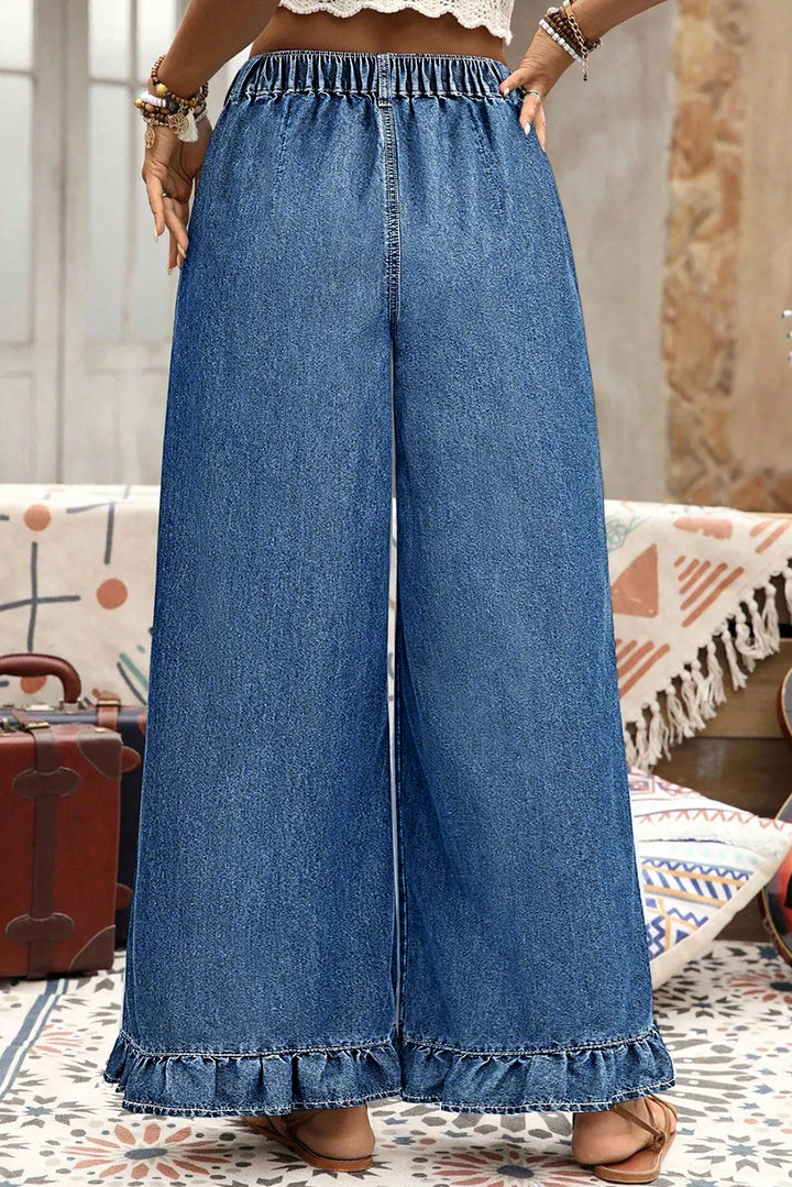 Beau Blue Plus Size Elastic Waist Ruffled Wide Leg Denim Pants
