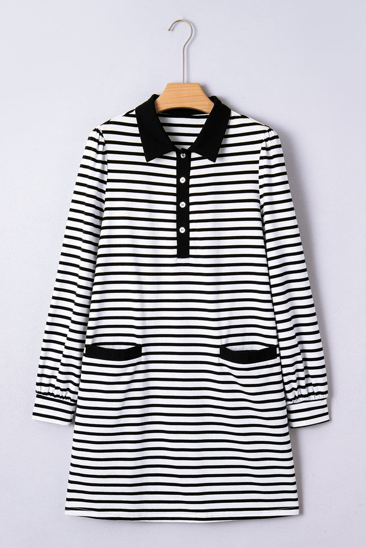 White Stripe Buttoned Front Collared Long Sleeve T Shirt Dress with Pockets
