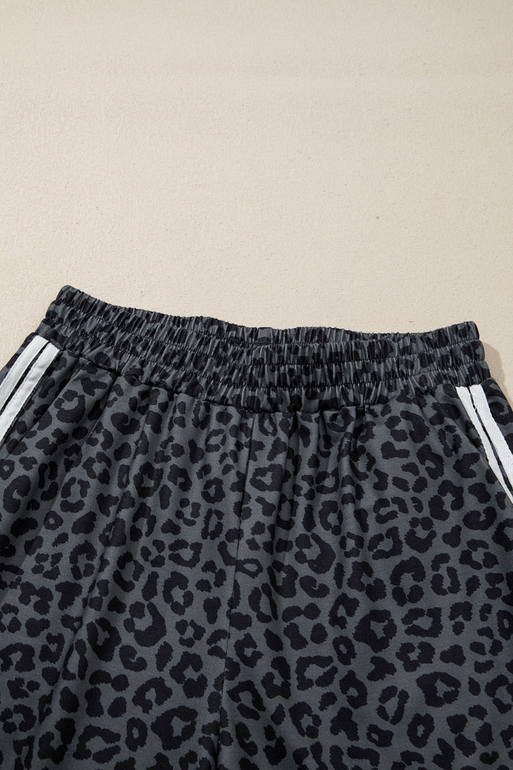 Gray Leopard Print Varsity Striped Detail 3/4 Sleeve Top Shift Pant Set