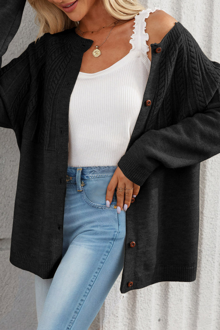 Black Solid Color Textured Detail Button Down Long Sleeve Sweater Cardigan