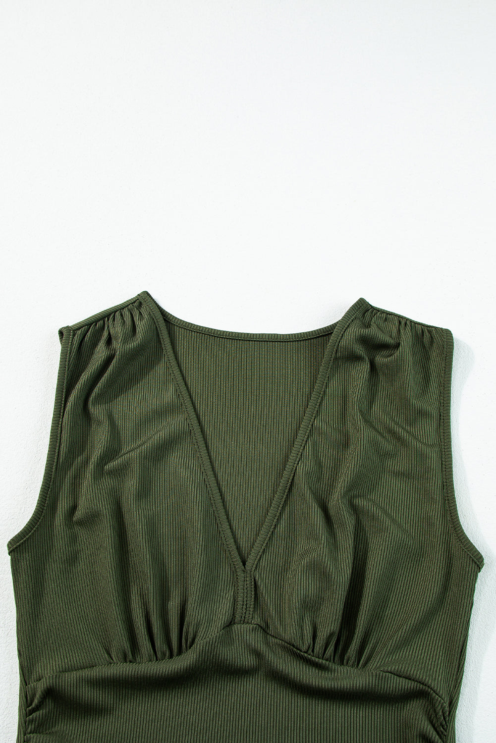 Moss Green Sleeveless V Neck Ruched Wide Leg Jumpsuit