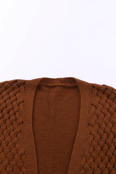 Brown Open Front Woven Texture Knitted Cardigan with Pockets