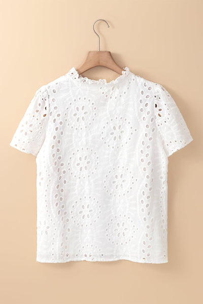 White Geometric Embroidery Hollow Out Blouse