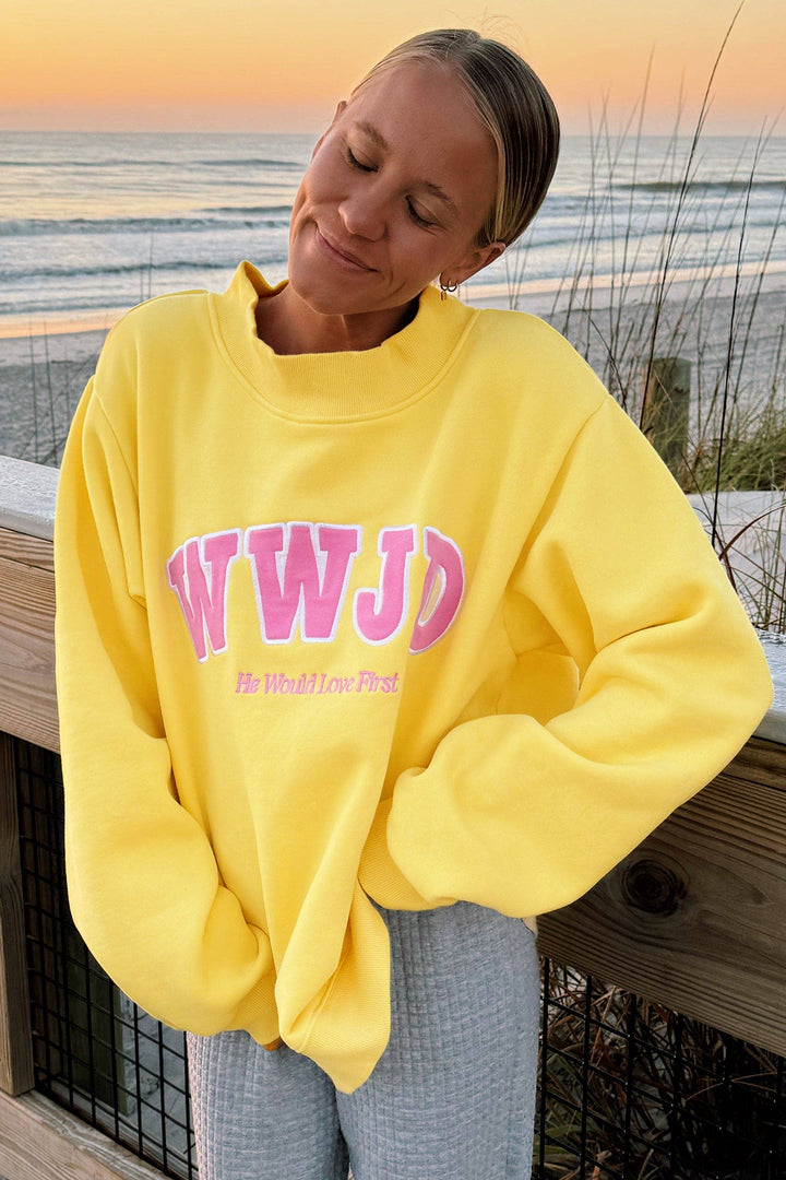 Pink WWJD Embroidered Trim Slogan Graphic Mock Pullover Sweatshirt