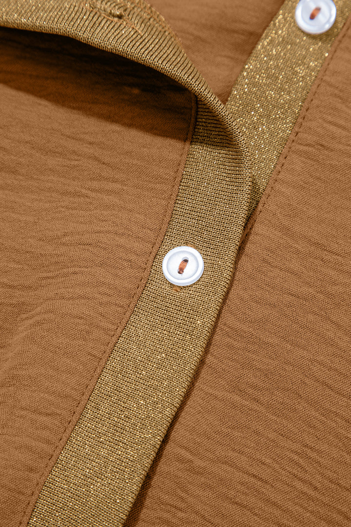 Brown V Neck Glitter Trim Patchwork Button-Front Blouse