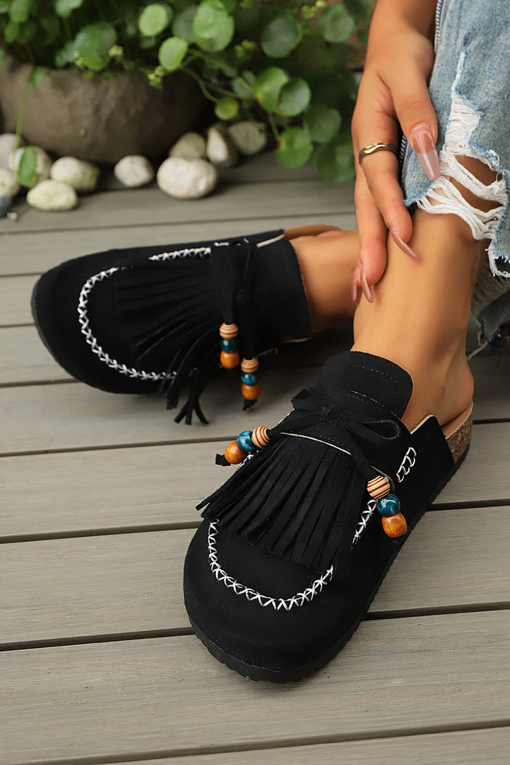 Chestnut Boho Bow Fringed Faux Suede Slip-on Loafers Square Toe Casual Slippers