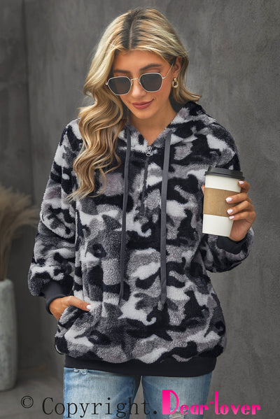 Gray Camo Print Warm Furry Pullover Hoodie