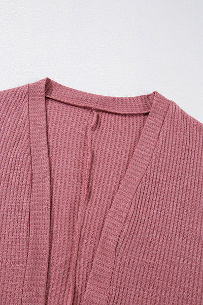 Mineral Red Solid Color Waffle Knit Cardigan with Pocket