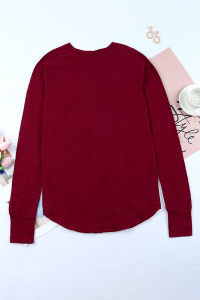 Fiery Red Solid Crew Neck Long Sleeve Top