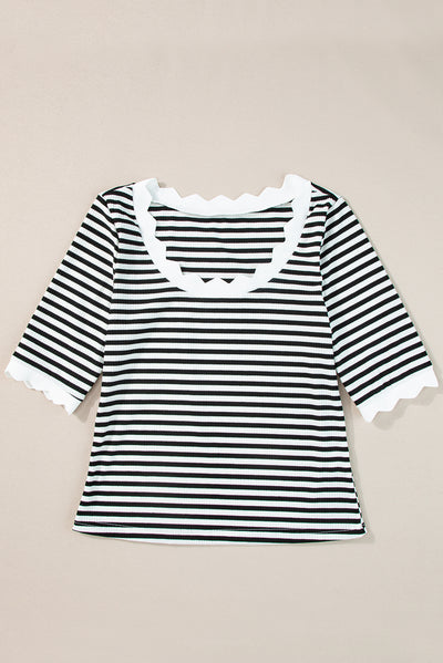 Black Striped Contrast Scallop Trim Half Sleeve T-shirt