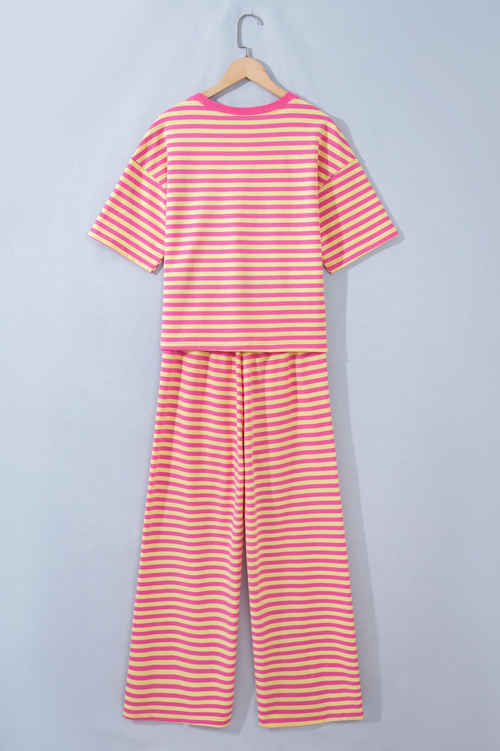 Pink Stripe Colorblock Trim Crew Neck Loose Tee Drawstring Elastic Waist 2pcs Pant Set