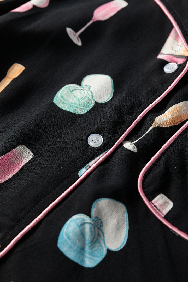 White Christmas Wine Glass Print Bow Knot Two Piece Pajama Set