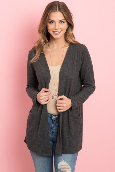 Solid Long Sleeved Open Front Pocket Cardigan