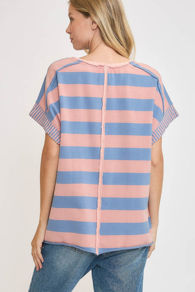 Umgee Peace Sign Patch Striped French Terry T-Shirt