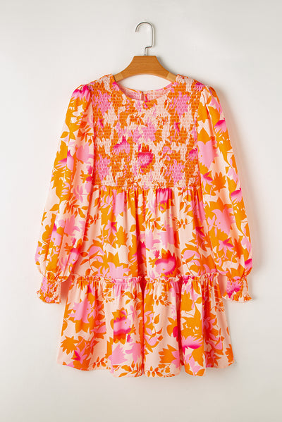 Orange Abstract Print Smocked Lantern Sleeve Ruffle Mini Dress