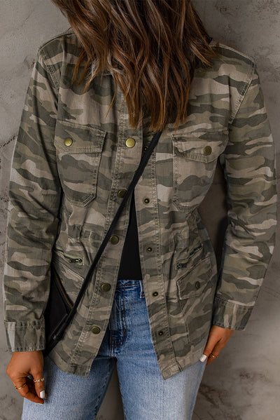 Green Camo Print Multi Pockets Button-up Jacket