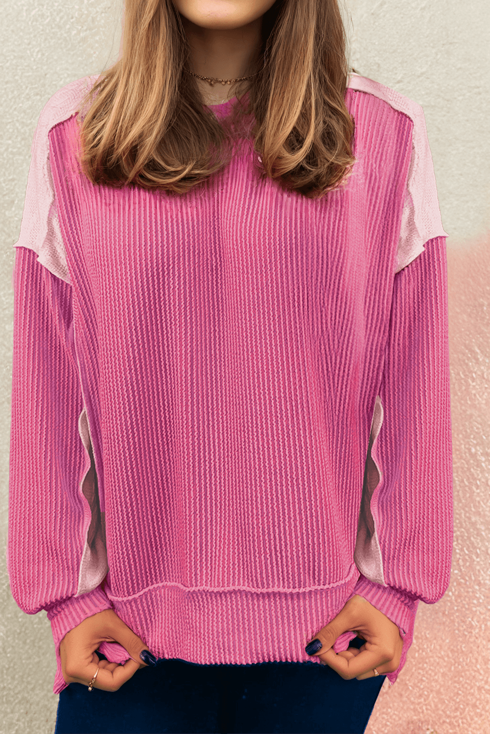 Bonbon Cable Knit Colorblock Exposed Seam Sweatshirt