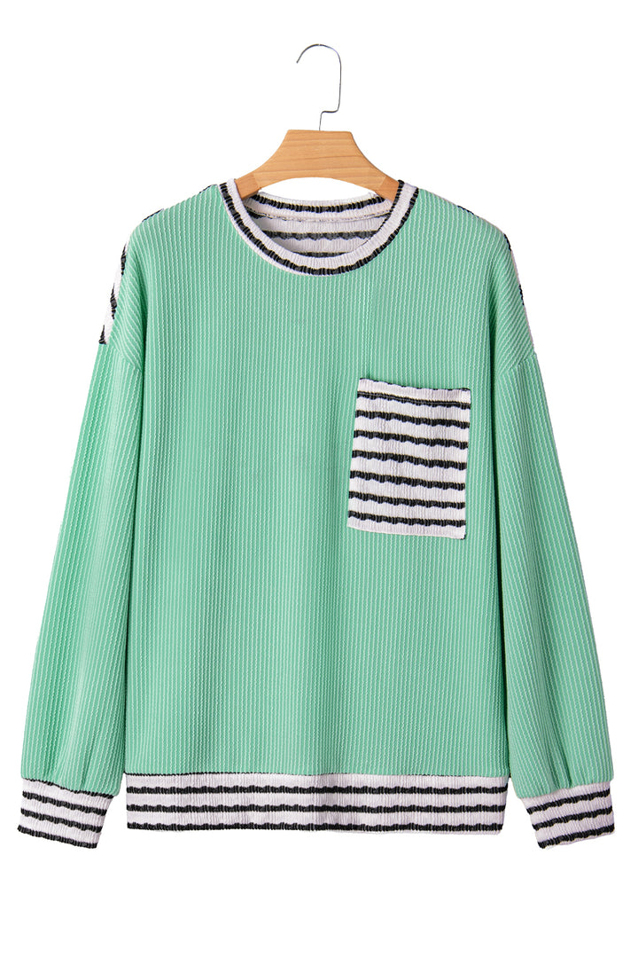Sea Green Twisted Ribbed Contrast Round Neck Striped Patchwork Long Sleeve Top