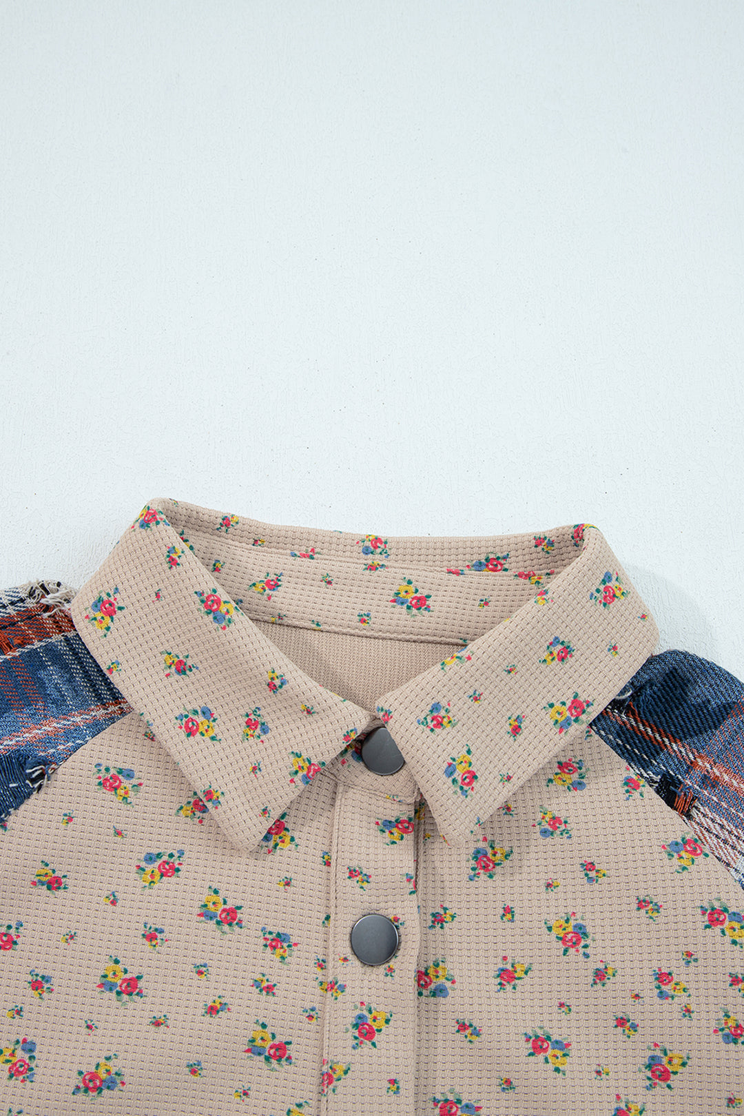 Ashleigh Blue Boho Floral Plaid Patchwork Distressed Detail Ruffled Sleeve Waffle Knit Shacket