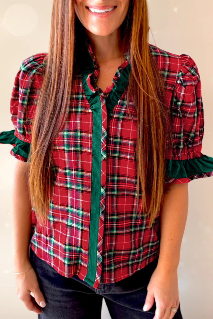 Red Plaid V Neck Ruffle Color Block Trim Short Sleeve Shirt