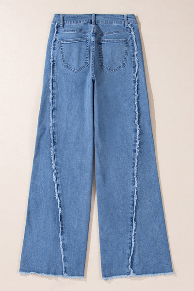 Beau Blue Vintage Stitching Raw Hem Flared Jeans