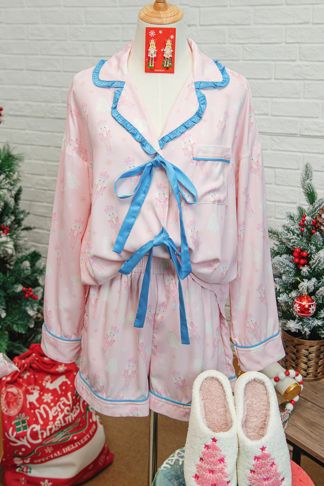 Pink Bow Tie Front Christmas Nutcracker Long Sleeve Shirt Shorts Pajama Set