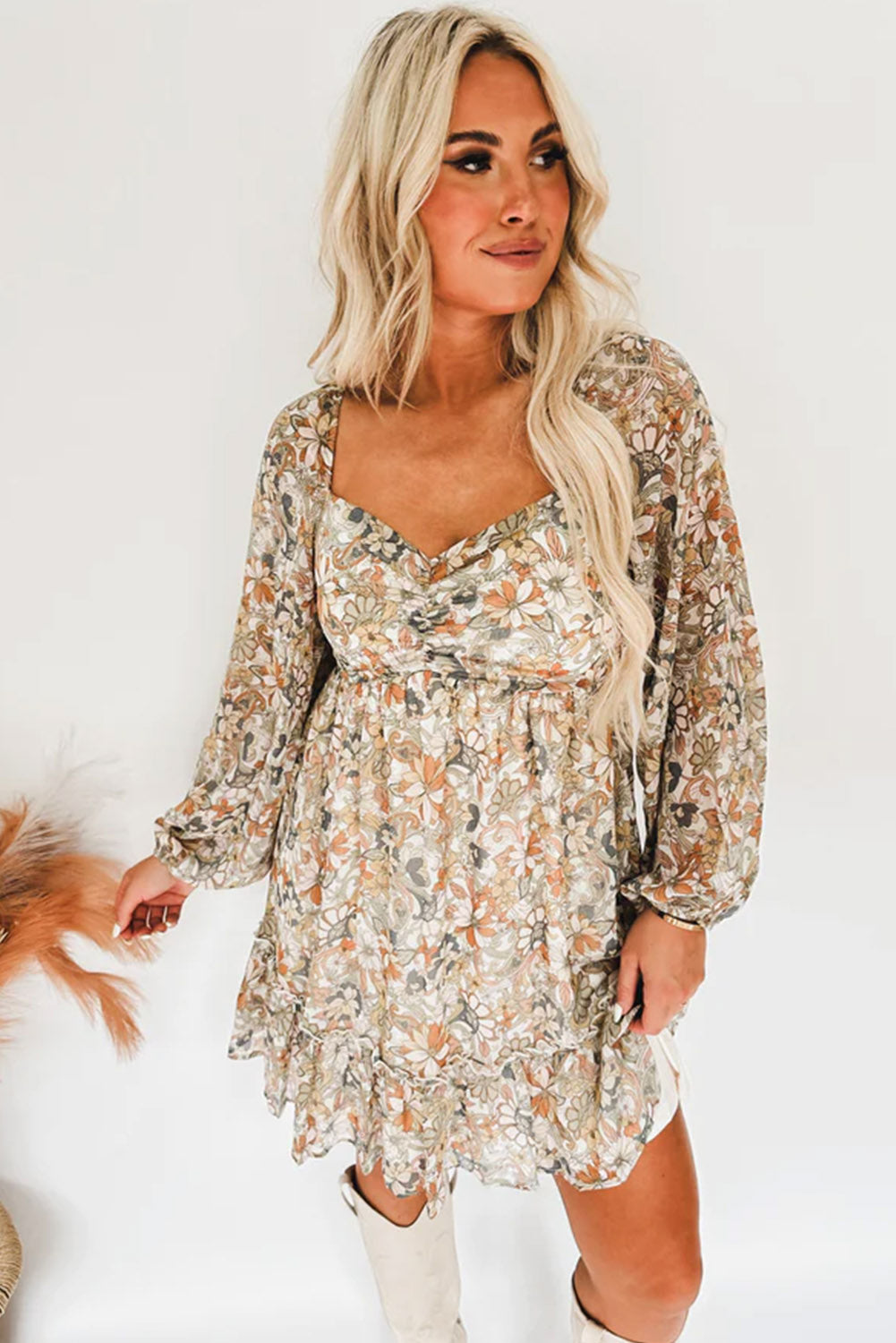 Floral Print Smocked Back Puff Sleeve Mini Dress