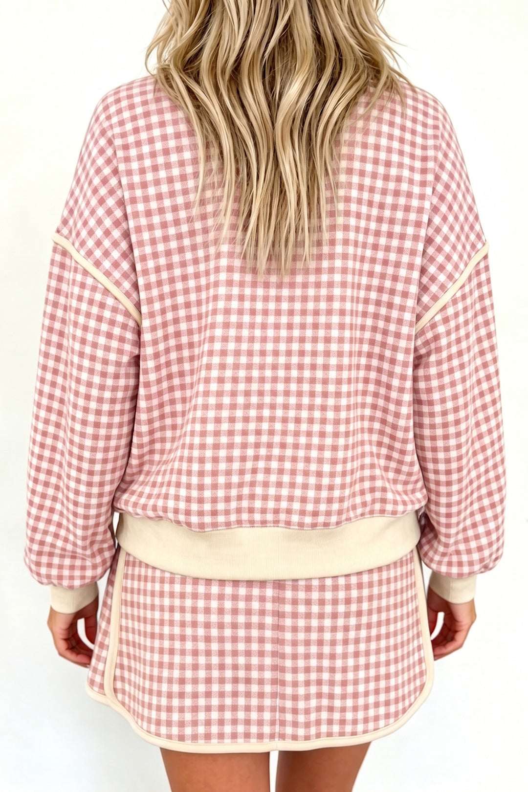 Red Gingham Oversized Ribbed Trim Crew Neck Long Sleeve Top and Skort Set