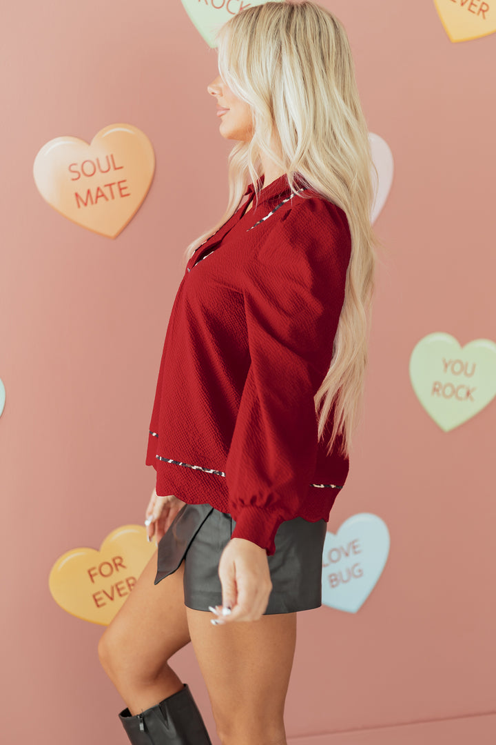 Fiery Red Collar V Neck Leopard Contrasted Trim Textured Blouse