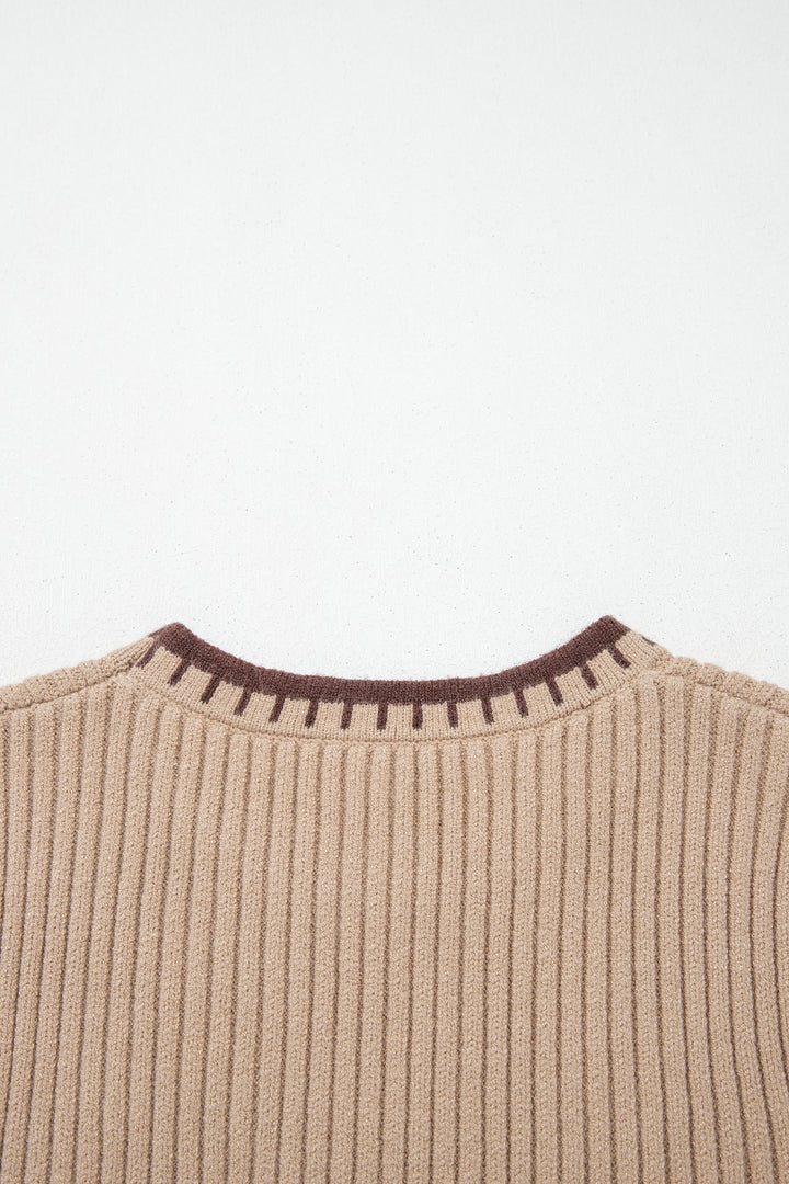 Light French Beige Ribbed Knit Contrast Trim Round Neck Horseshoe Sweater Vest