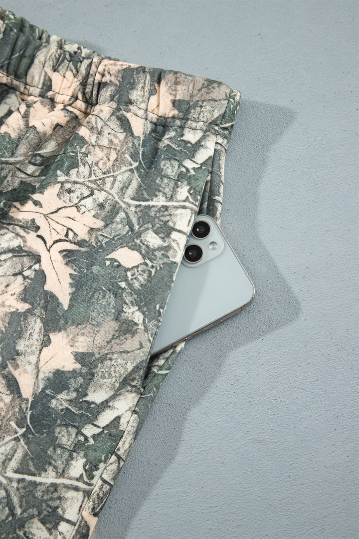 Brown Jungle Camouflage Print Ribbed Trim Long Sleeve Top Plus Size Pant Set