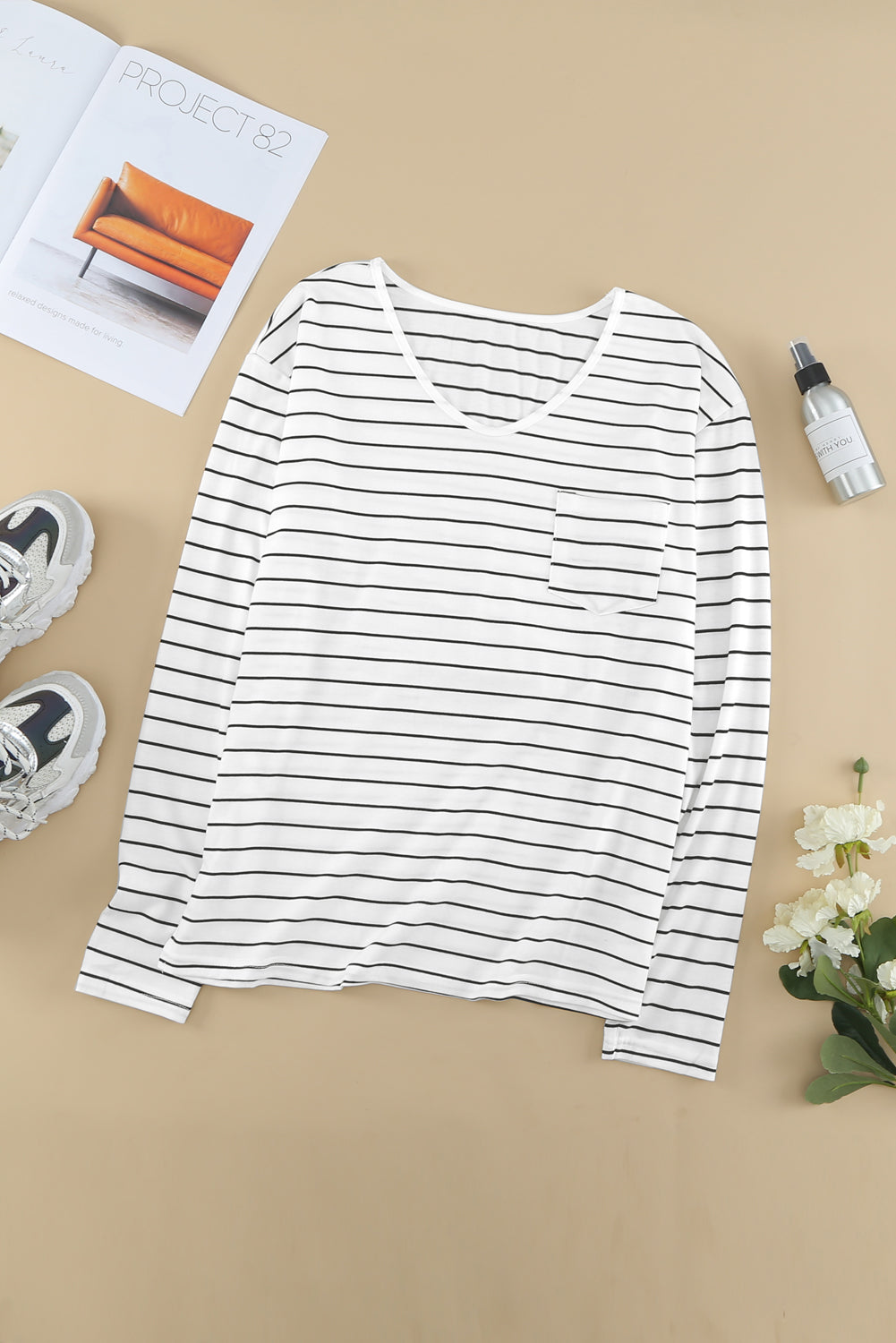 Striped V Neck Long Sleeve Top