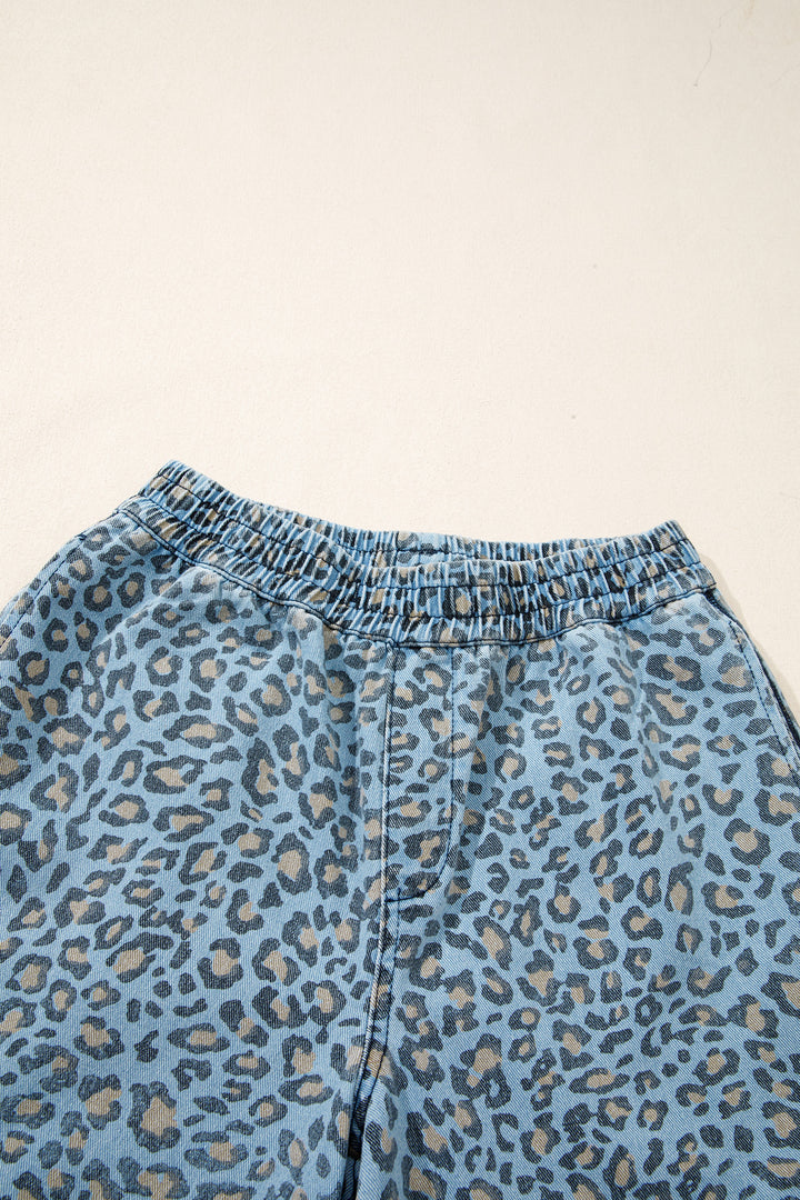 Blue Leopard Print Exposed Seam Detail Wide Leg Drawstring Jeans